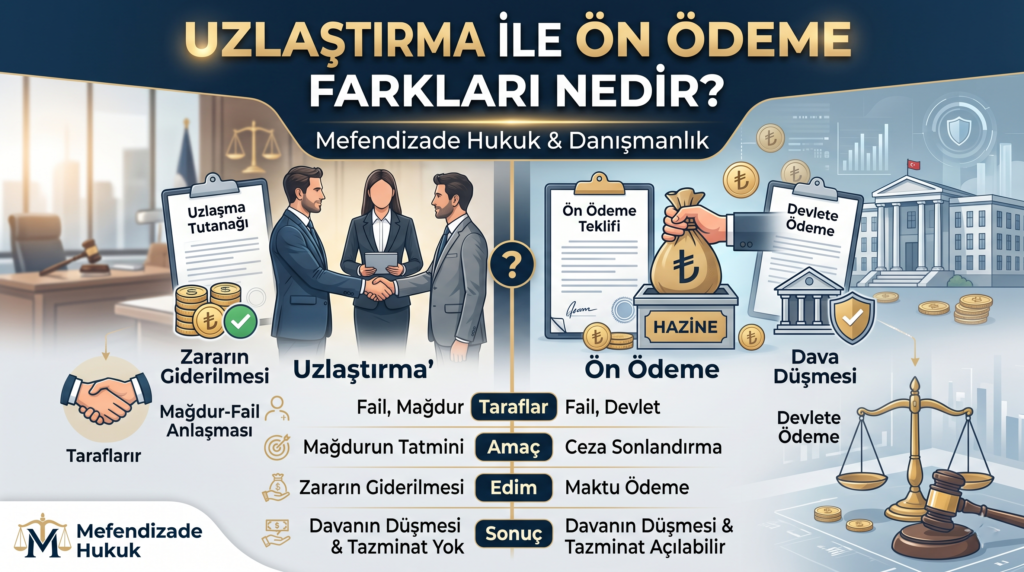 Ceza hukuku kapsamında uzlaştırma nedir, ön ödeme nedir ve uzlaştırma ile ön ödeme farkları nelerdir? Süreci en iyi İstanbul ceza avukatı ile yönetin.